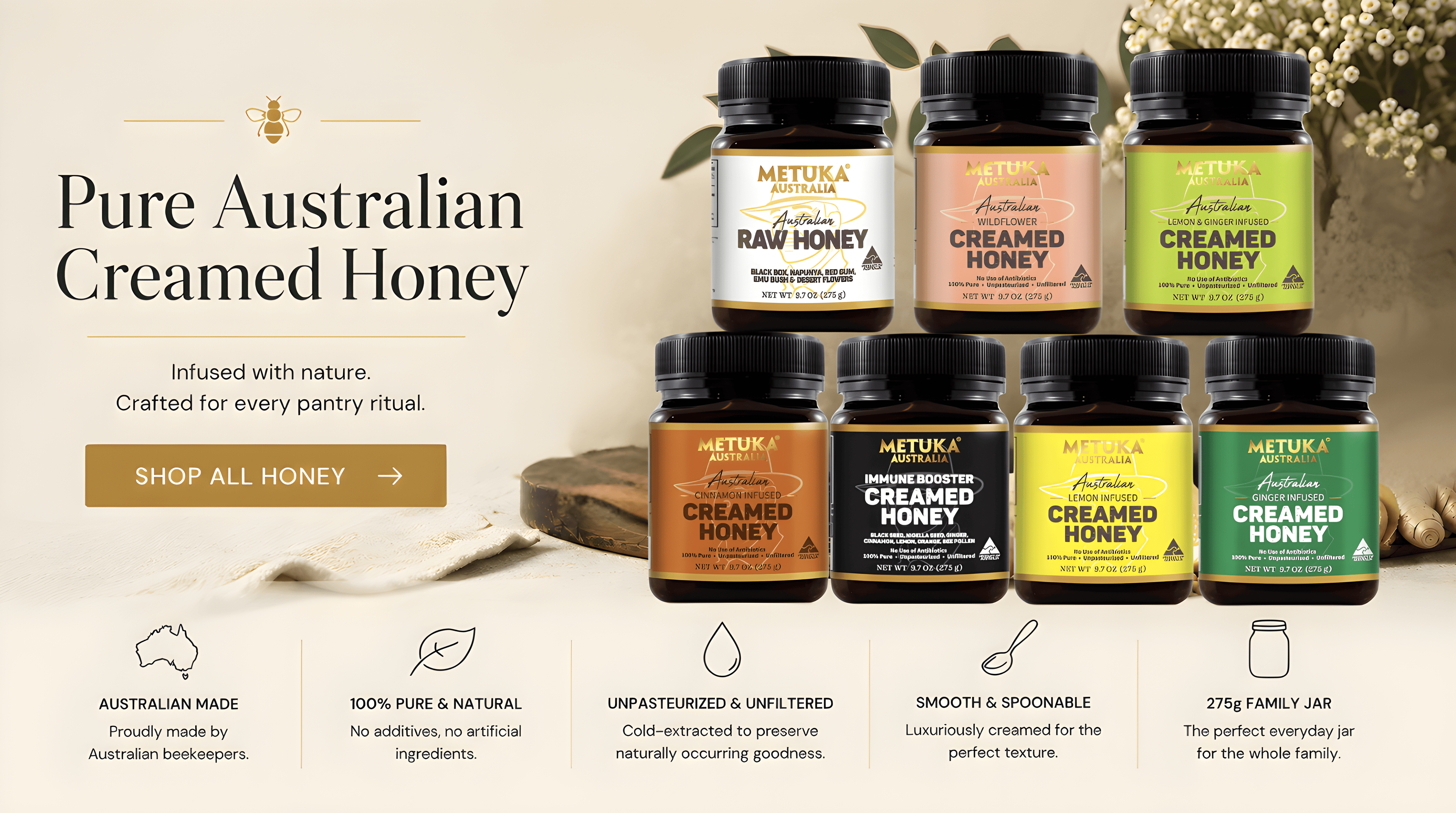A promotional product graphic for Metuka Pure Australian Creamed Honey, showing multiple honey jars in different flavor/color variants arranged on a warm beige background with decorative honeycomb and dried flowers. Text on the left reads 'Pure Australian Creamed Honey' with a 'SHOP ALL HONEY' call button, and small feature icons appear along the bottom.