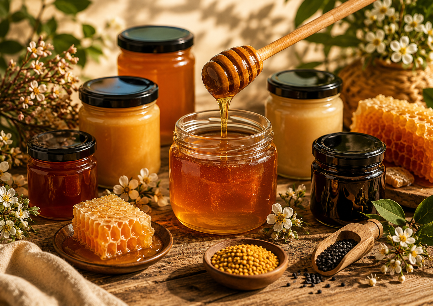 Several glass jars of honey with black lids are arranged on a rustic wooden table, with a wooden honey dipper pouring golden honey into the center jar. Honeycomb pieces, small white flowers, and a scoop of black seeds are placed around the jars.